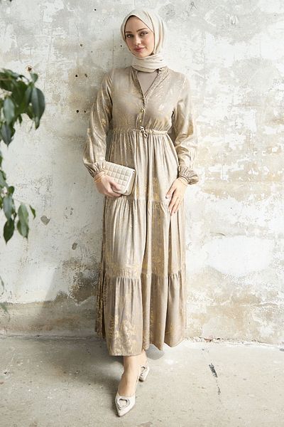InStyle Χρυσό Floral Δερμάτινο Φόρεμα - Mink