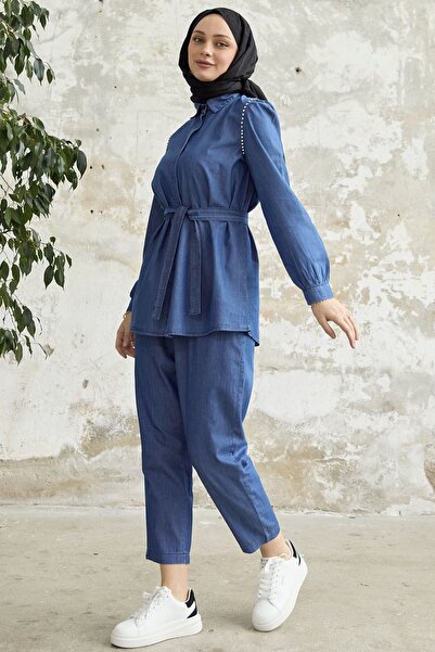 InStyle Stone Trim Double Denim Set - Dark Blue