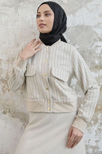 InStyle Linen Suit with Striped Jacket Skirt - Black
