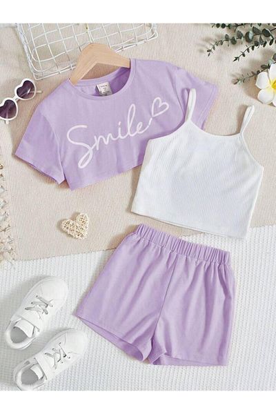 Machetta Children's Smile Printed Crop T-shirt Strap Crop and Shorts Top and Bottom Set