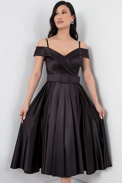 PULLIMM Satin Off-Shoulder Belt Evening Dress - 39830