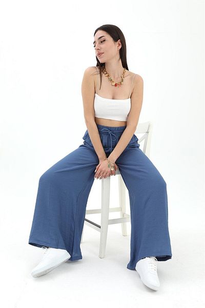 BiMode Blue Color, Plain Linen, Wide Belt Loose Leg, Tie Waist Casual/Casual Women's Trousers