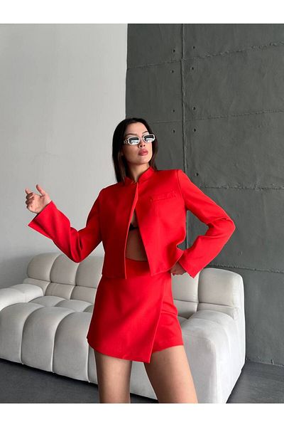 Laluvia Red Judge Collar Crop Jacket Skirt Set
