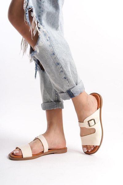 ERNİLA Women's Buckle Genuine Leather Slippers
