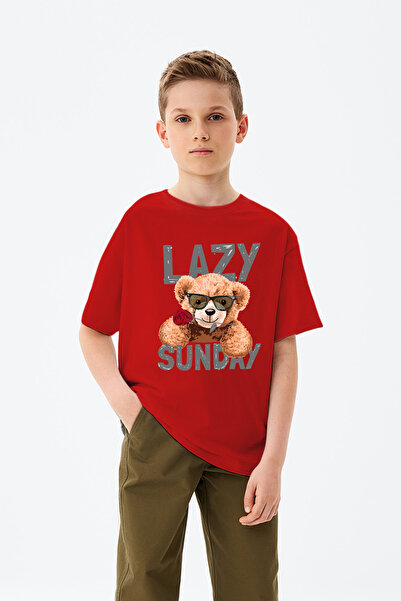 MYADA Αγορικό μπλουζάκι με εμπριμέ αρκουδάκι με στάμπες Lazy Sunday Written R...