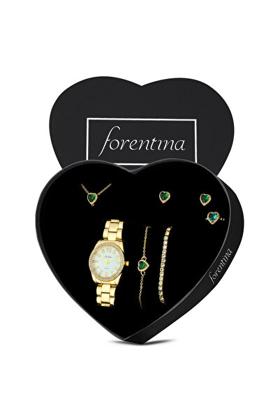 Forentina Altın Kaplama Yeşil Taşlı Kalp Kolye Küpe Bileklik Yüzük Saat Hediy...