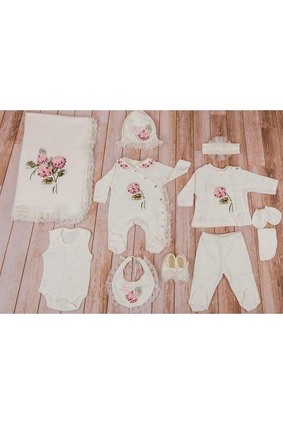 Buse&Eylül Bebe Floral Embroidered Guipure Detail 11 Piece Baby Girl Hospital Release