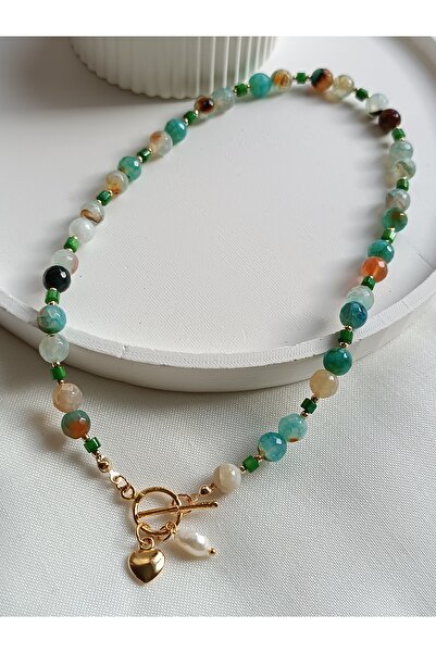 La fee aksesuar Gerçek Barok Inci & Kalpli Doğal Taş Kolye