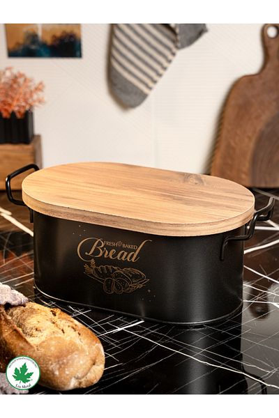 linmetal Metal Bread Bowl with Wooden Lid and Wire Handle (bread printed)