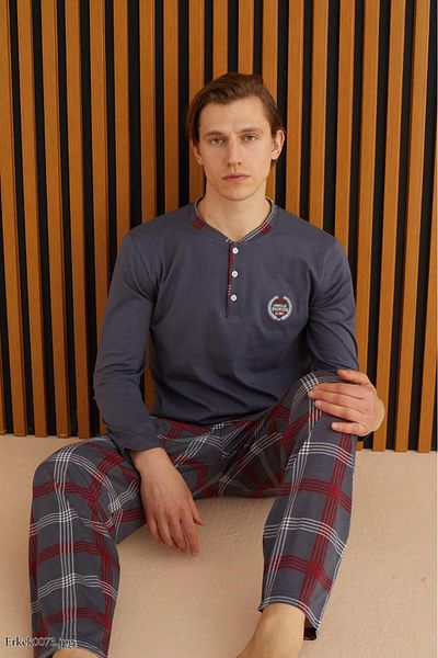 Pijamoni Men's Placket Buttoned plaid pajamas set long sleeve 100% Cotton (New Season)