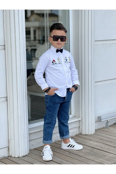 Bisahane Момчешка бяла риза с папийонка и дънки