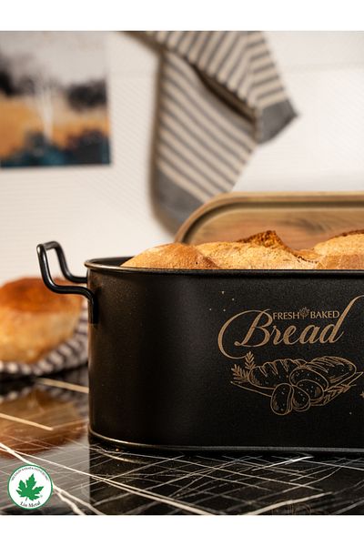 linmetal Metal Bread Bowl with Wooden Lid and Wire Handle (bread printed)