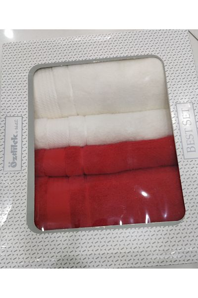 Özdilek Trendy Bath Set 4 Pieces (90x150cm+50x90cm) Boxed Red - Cream