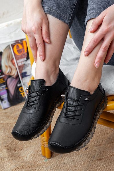 Adım Adım Women's Genuine Leather Extra Flexible Black Orthopedic Shoes