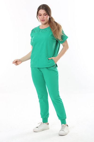Şans Women's Large Size Green Stone Detailed Short Sleeve Sweatshirt Pants Set 65N37702