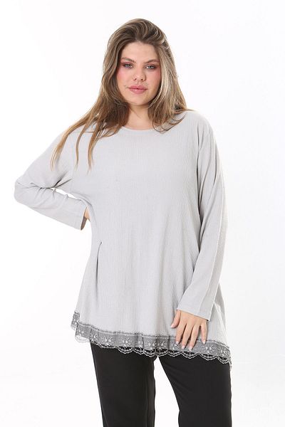 Şans Women's Large Size Gray Skirt Tip Lace Wrap Tunic 65N37786