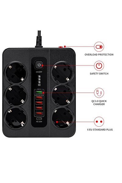 Yellowtech Termal Akım Korumalı 3000W 6’lı Priz | 2m Uzatma Kablosu | 5 USB + 1 Type-C PD Giriş Siyah