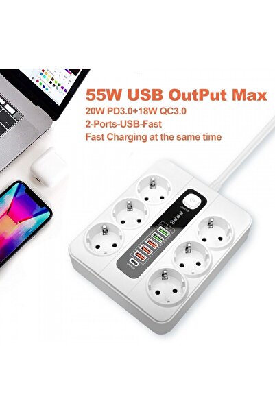 Yellowtech Termal Akım Korumalı 3000W 6’lı Priz | 2m Uzatma Kablosu | 5 USB + 1 Type-C PD Giriş Siyah