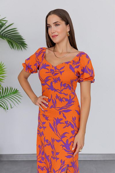 bayansepeti Rochie de vară portocalie, cu modele florale, cu fante, cu mâneci scurte, lungime midi, 1120
