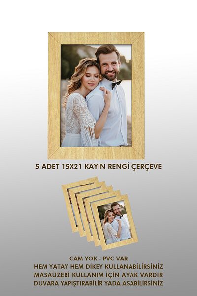 LAZER ART 5 PIECES OF 15X21 WOODEN FRAME BOIL TREE NATURAL WOODEN COLOR FRAME FOOTED FRAME