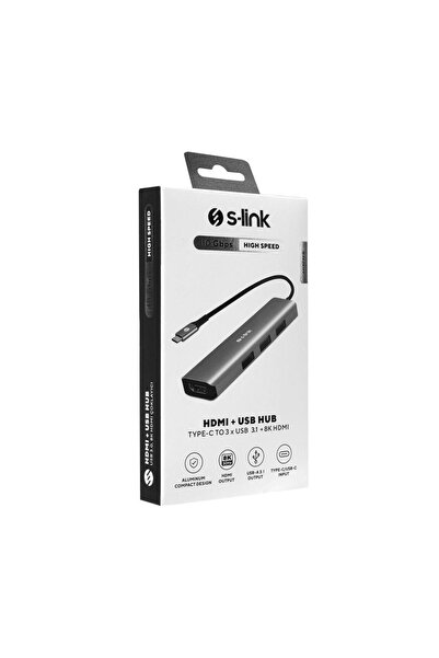 S-LINK SWV-USBC033 Gri Metal Type-C to 3*USB 3.0 HDMI 8K Adaptör