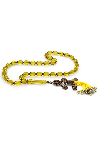Tesbihane Antique Copper Ottoman Palace Tasseled Barley Cut Transparent Yellow Fire Amber Prayer Beads