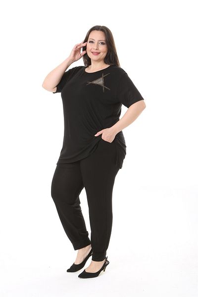 xlargebutik Plus Size - Black Jewelled Model, Super Baddal Clothing Set