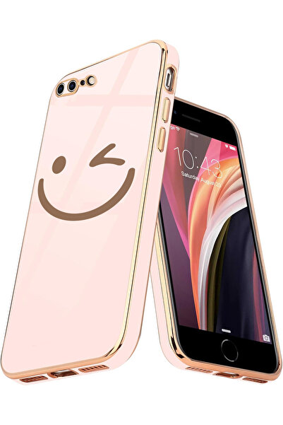Merwish Apple iPhone 7 Plus ve 8 Plus Uyumlu Gülen Yüz Logolu Lazer Kılıf Pembe