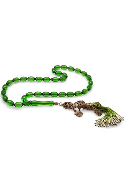 Tesbihane Antique Copper Ottoman Palace Tufted Barley Cut Emerald Green Fire Amber Prayer Beads
