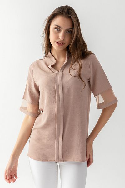 EtkiModa Дамска блуза с яка тип „мандарина“ и ръкави от тюл, ежедневна кройка