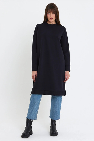 Gippe Collection Siyah Bisiklet Yaka Yırtmaç Detaylı Basic Örme Sweatshirt 10391
