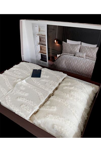 Butikhome by Egemar Astor Tassel Patterned - Chenille Embossed Cream Bedspread Set 4 Pieces