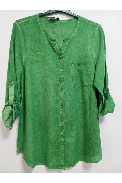 AKŞEN GİYİM LARGE SIZE WOMEN'S COTTON LINEN FABRIC PUL PAYET DETAIL FOLDED SLEEVE AUTHENTIC TUNIC