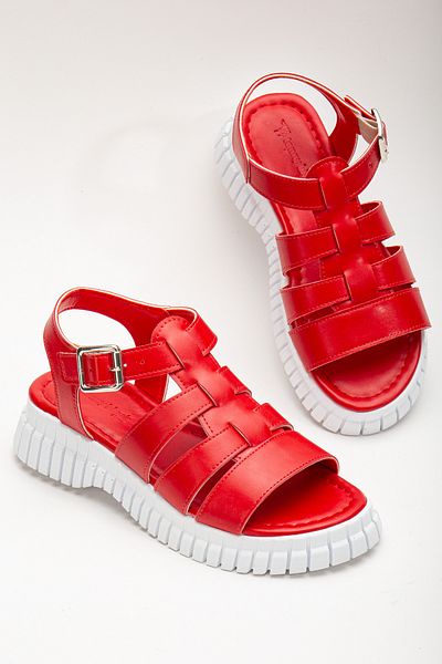 Tonny Black Women's Red Ankle Strap Three-Strap Poly High Sole Sandals