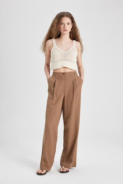 DeFacto High Waist Linen Blend Wide Leg Pants - Double Pocket Z5533Az24Sm