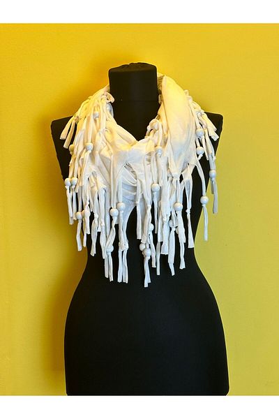 Gönülden Tasarım Wooden Beaded COMBED SCARF NECK COLLAR CLOTHING ACCESSORY White
