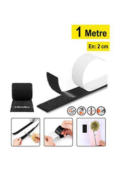 Dünya Magnet 1 Metre - Yapışkanlı Siyah Cırt Cırt Bant, En: 2 Cm, Çift Tarafl...