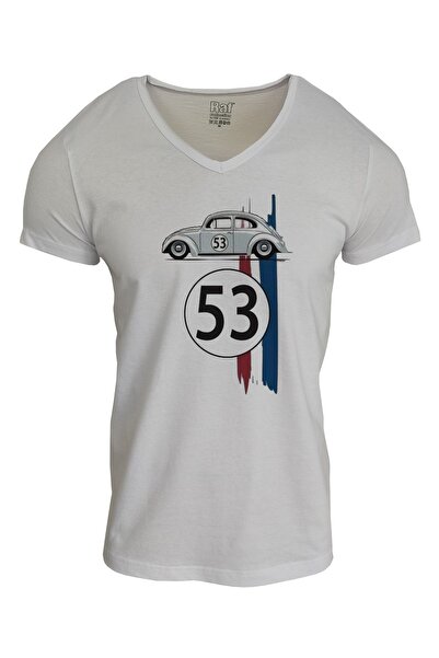 Raf Coll Tricou unisex cu decolteu în V cu imprimeu alb