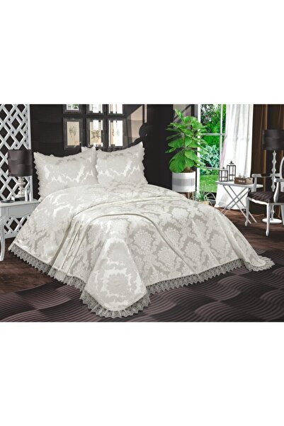 Bursa Tekstil Lale Aden Şönil Dantelli Krem Yatak Örtüsü Çift Kişilik