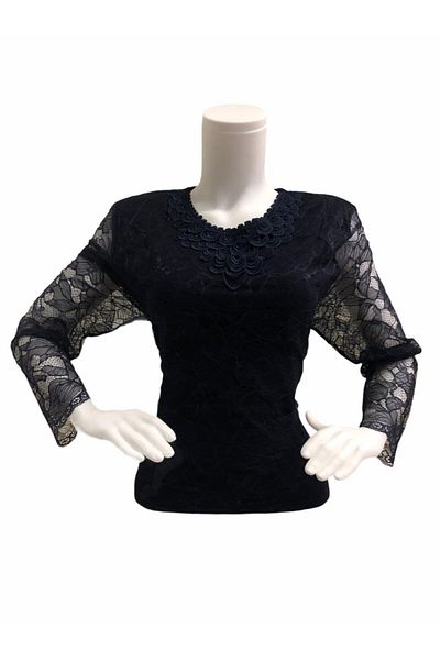 Elele Navy Blue Lace Patterned O Neck Combed Cotton Blouse