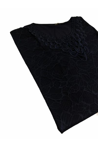 Elele Navy Blue Lace Patterned O Neck Combed Cotton Blouse