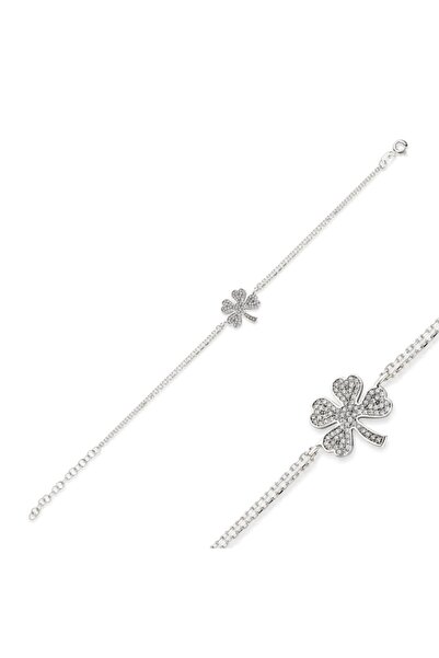 ERKOÇ JEWELLERY Kadın 925 Ayar Gümüş Taşlı Yonca Bileklik