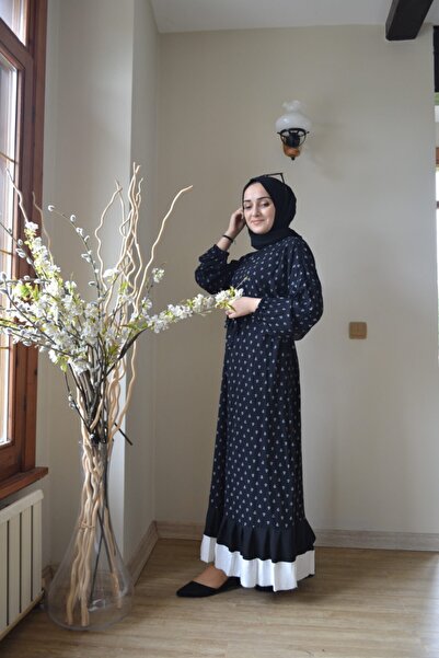AYSUN AYDEMİR Siyah Beyaz Çapa Desenli Tesettür Elbise