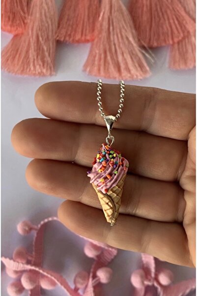 Tres Jolie Lollie Gümüş Kolye El Yapımı Polimer Pembe Külah Dondurma