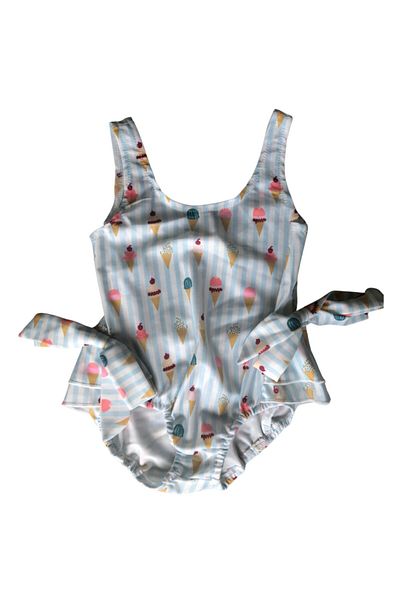 Petityu White Light Gray Stripes Thin Striped Frilly Ice Cream Patterned Girl's Swimsuit