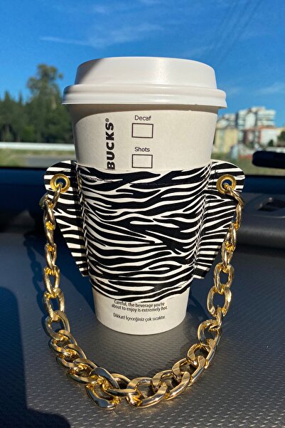 BAHELS Kadın Zebra Zincirli Coffee Cup Sleeve Deri Bardak Tutacağı