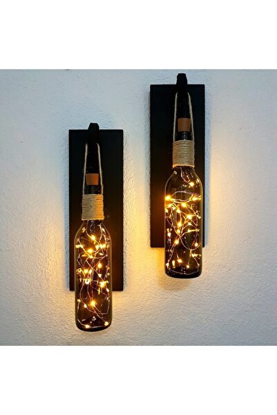 STDEKOR Retro Yeşil Şişeli Led Işıklı, Mat Siyah Aplik 2li Set