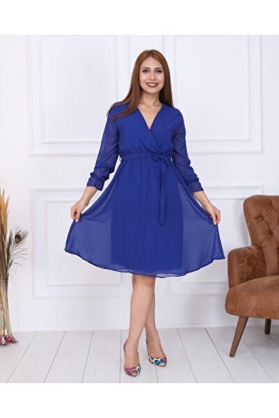 U&T Woman Жіноча сукня Saks з синього однотонного шифону короткої довжини