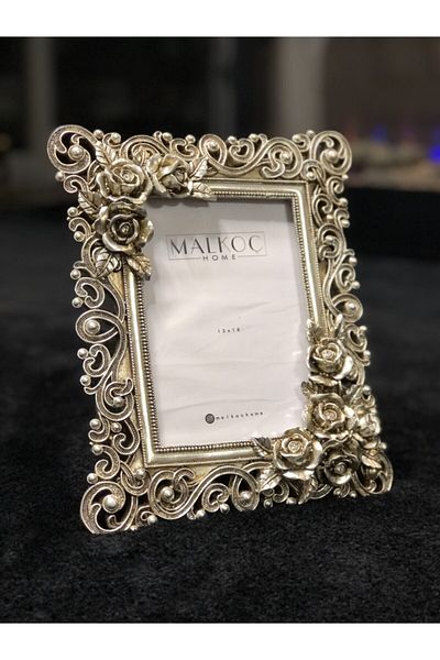 MALKOÇ HOME Carved Frame with Rose Motif Silver 13X18 Poliresin Frame