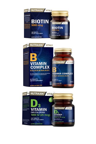 Nutraxin VitaminBComplex 60 Tablets + Vitamin D3 1000Iu120 Tablets +Biotin5000mcg 30 Tablets
